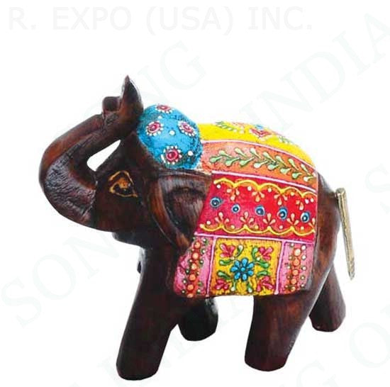 Hand Painted Wood Elephant 4.5" H