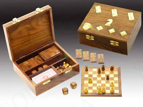 Wood Game Box - Chess, Cards, Dice, Dominoes