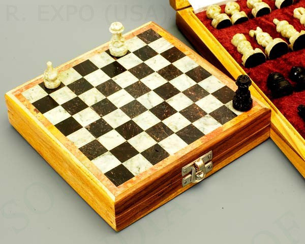 Beautiful Hand Carved Stone 6 inch Travel Chess Set